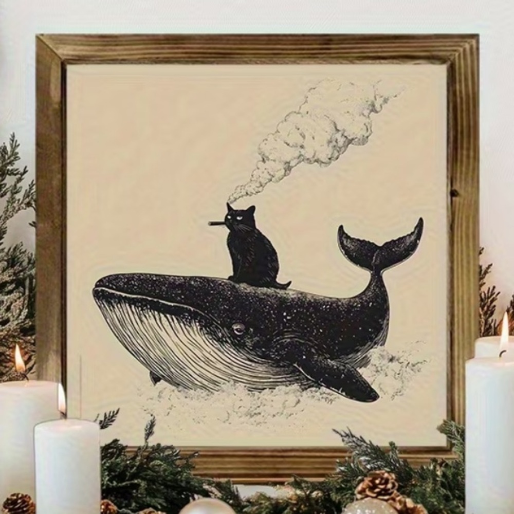 Framed Cat Smoking on a Whale Wooden Art Wall Decor 8x8" NWT